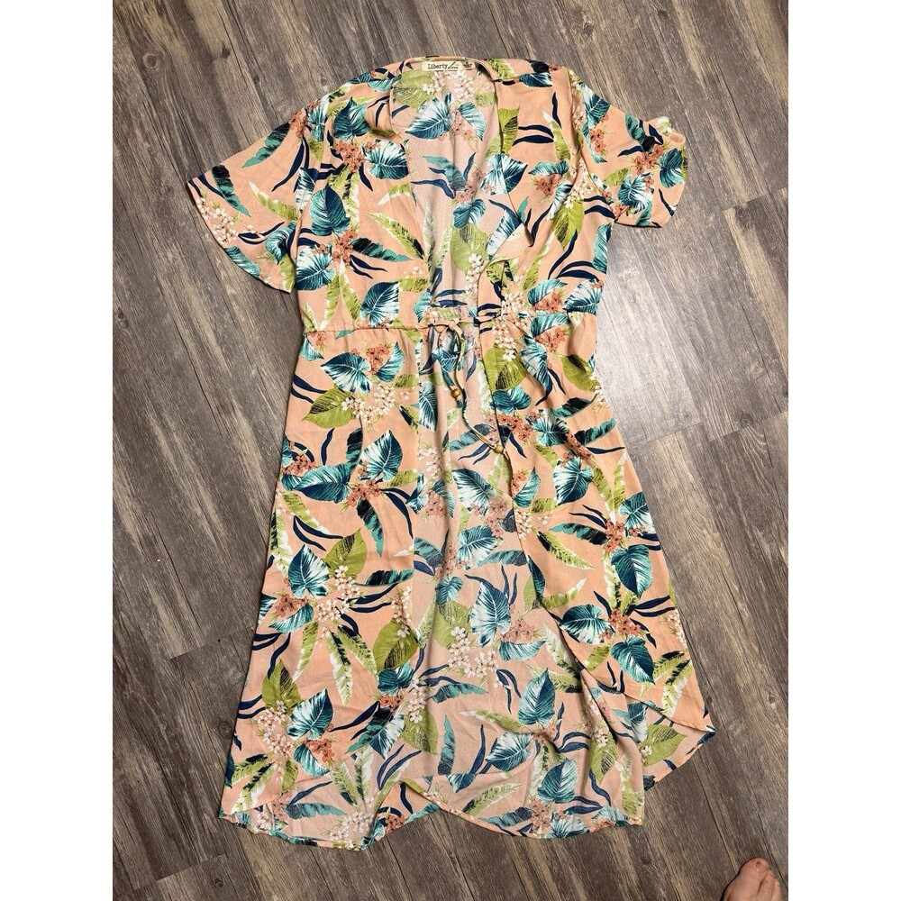 Liberty Love Womens M Resort Tropical Floral Kimono Cover Up Tie Waist Boho NWT